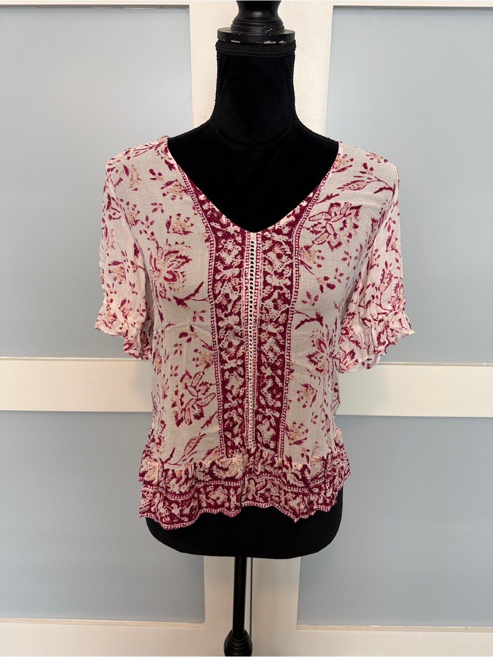 Lucky Brand Cream Blouse with Burgundy Floral Print